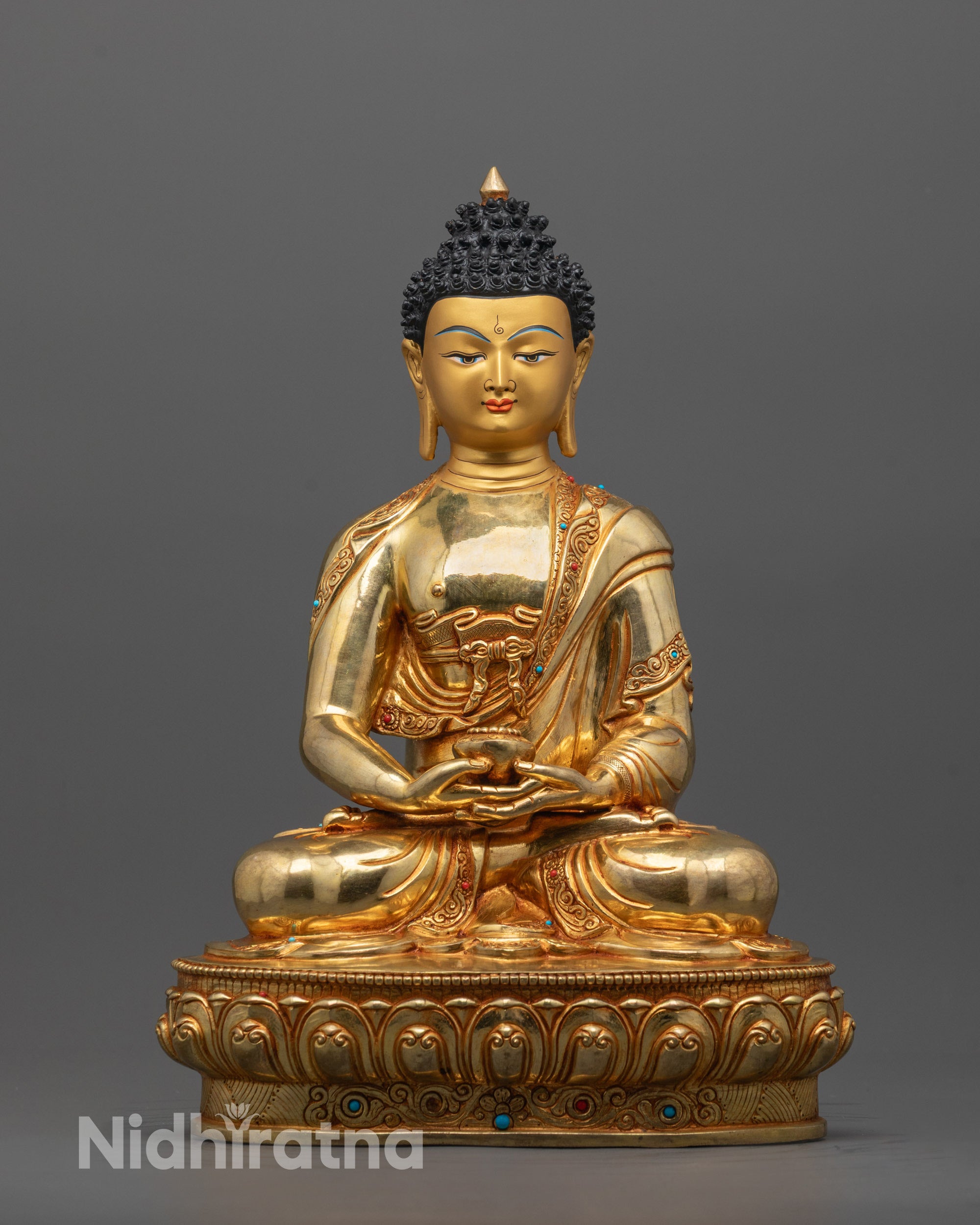 Front view of handcrafted Amitabha Buddha Statue seated on a lotus throne