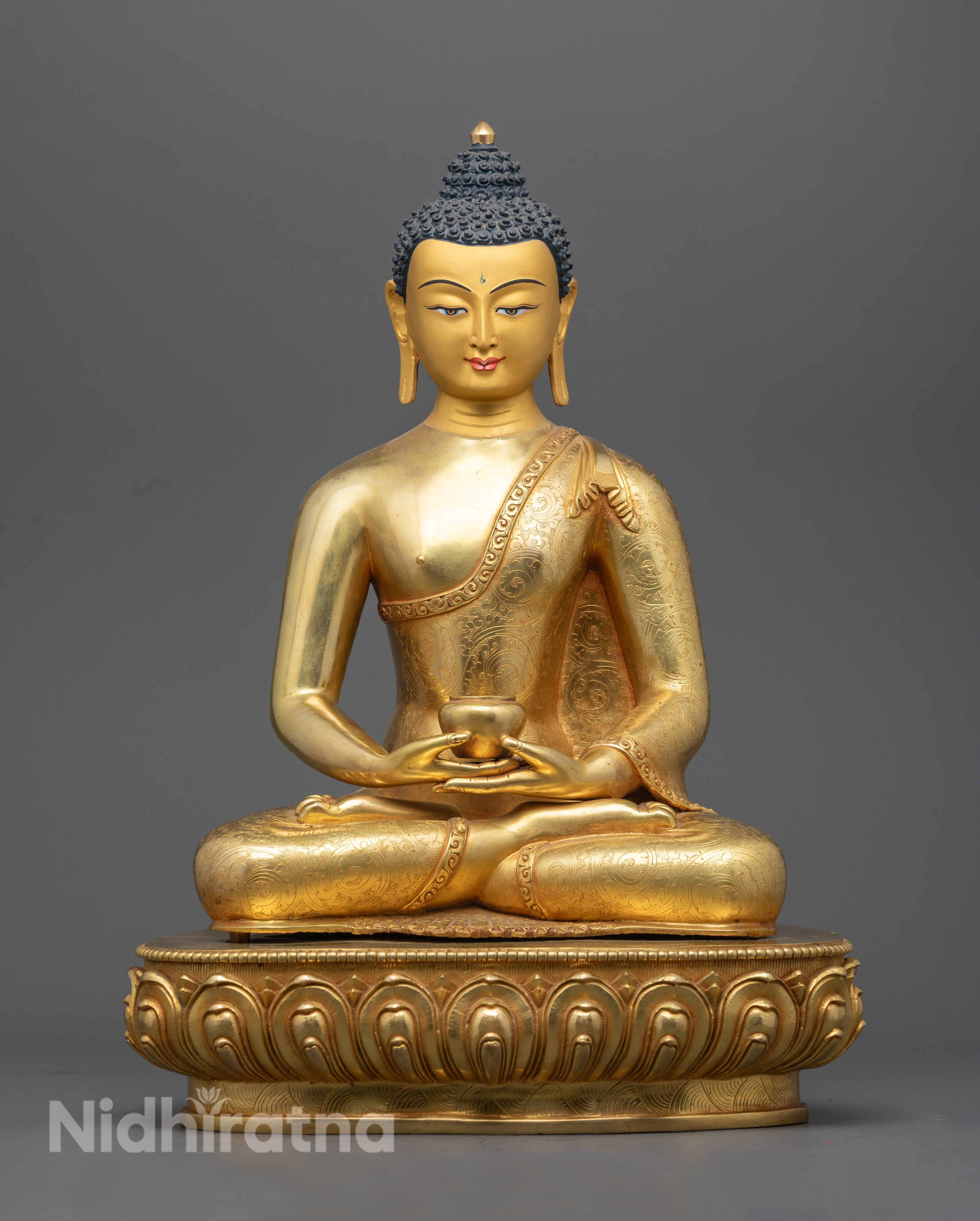 handcrafted Amitabha Buddha Statue seated on a lotus throne, featuring 24K gold fire gilding and intricate Nepalese carvings.