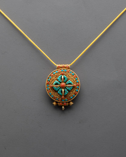 Front view of handcrafted Bishwo Vajra Locket made from copper