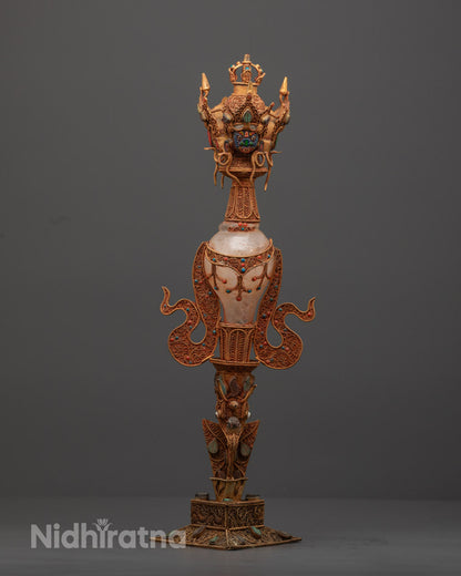 Front view of handcrafted Crystal Phurba dagger with copper and gemstone detailing