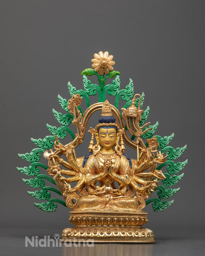 Front view of handcrafted Cundi Bodhisattva Statue with gold-gilded face and lotus throne