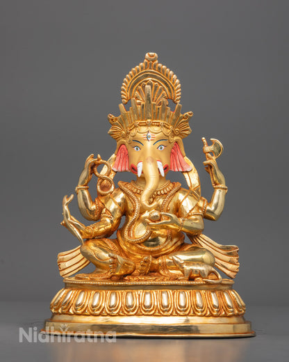 Front view of handcrafted Ganesh Ji Murti with 24k gold face and lotus throne details