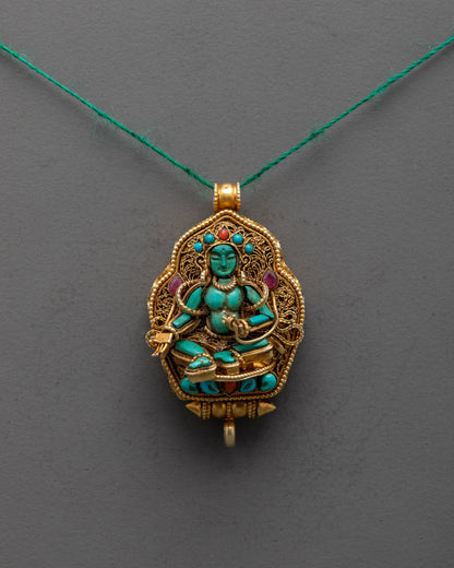 Front view of handcrafted Green Tara Locket with turquoise and gold-plated filigree design