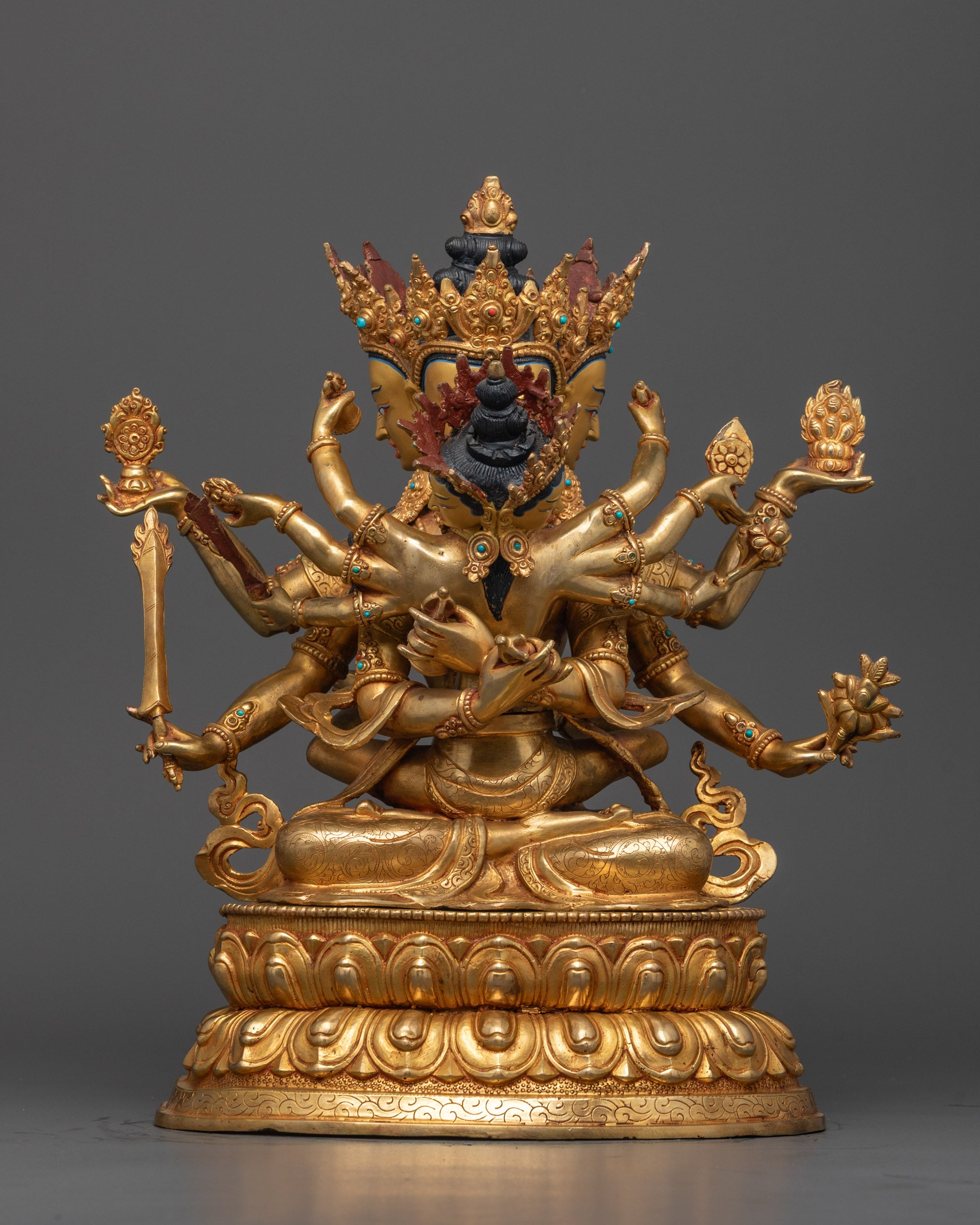 Front view of handcrafted Guhyasamaja Statue seated on a double lotus throne