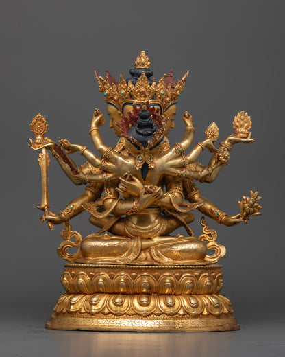 Front view of handcrafted Guhyasamaja Statue seated on a double lotus throne