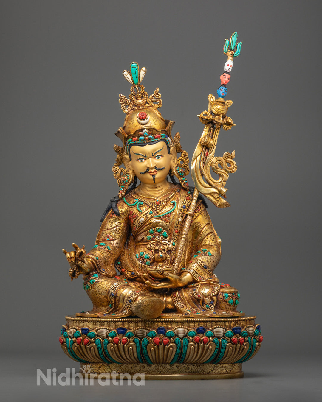 handcrafted Guru Rinpoche statue with 24k gold fire-gilding and intricate semi-precious stone inlays