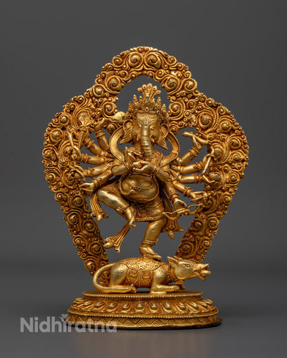 handcrafted Lord Ganesha statue with gold gilding and acrylic colors, seated on a lotus throne.