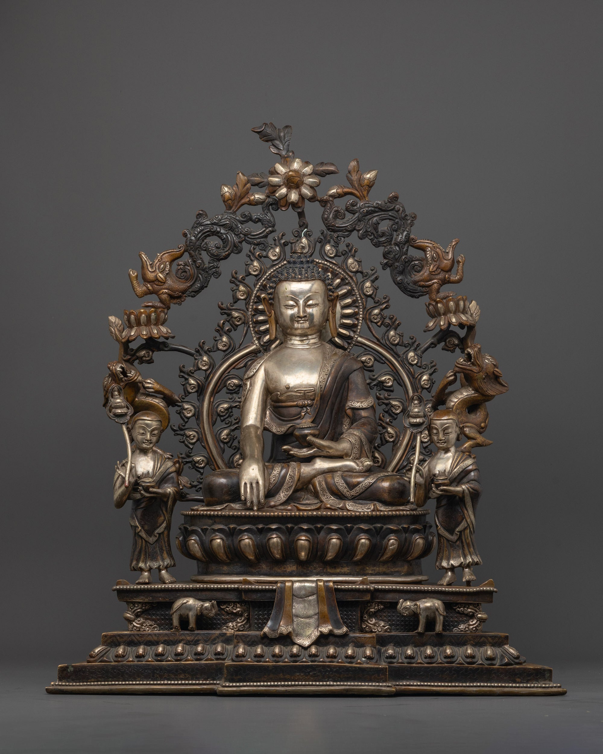Front view of handcrafted Shakyamuni Buddha Statue in oxidized copper