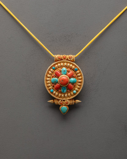 Front view of handcrafted Tibetan locket with turquoise and coral stones for protection

