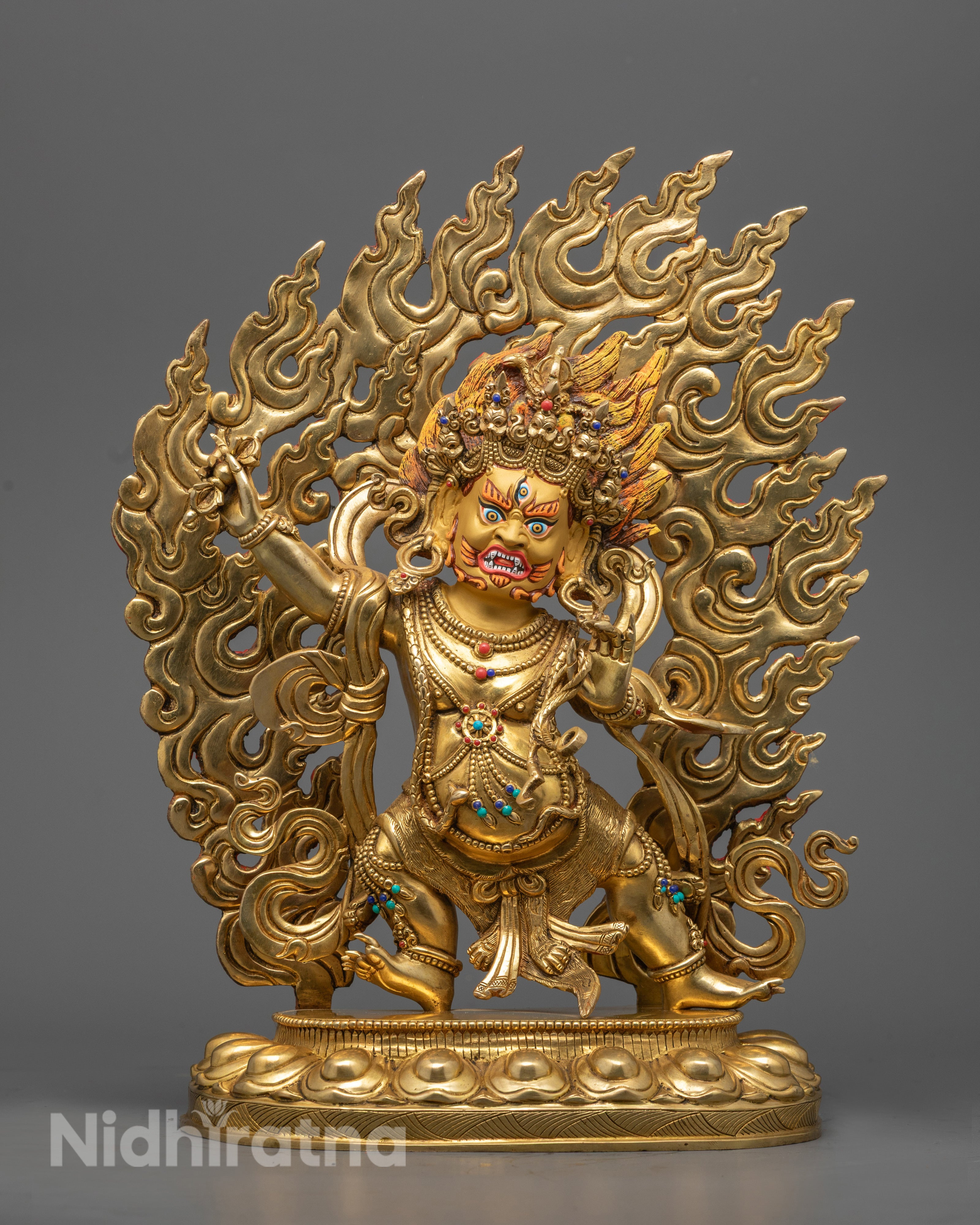 handcrafted Vajrapani Statue with 24K gold fire gilding and semi-precious stones on lotus throne