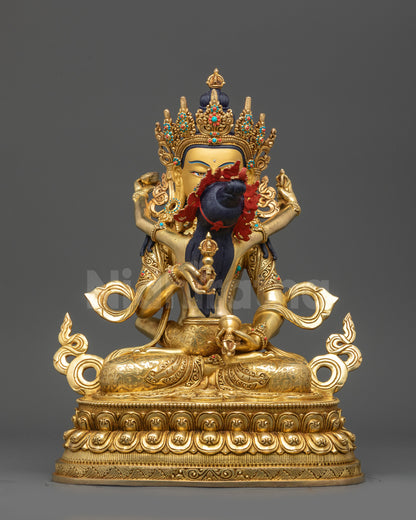 Front view of handcrafted Vajrasattva Yab-Yum Tibetan tantric copper statue
