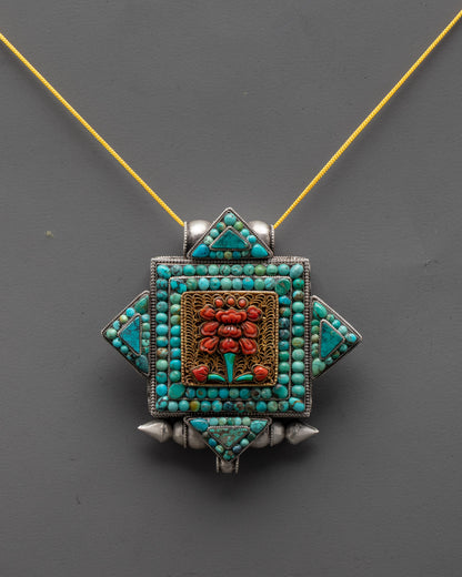 Front view of handcrafted flower locket necklace with coral and turquoise stones
