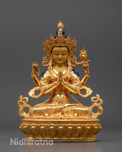 Front view of handcrafted four-armed Chenrezig Statue polished with 24k fire gold gilding