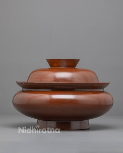 Front view of handmade Tibetan Paru wooden ritual bowl from Patan, Nepal