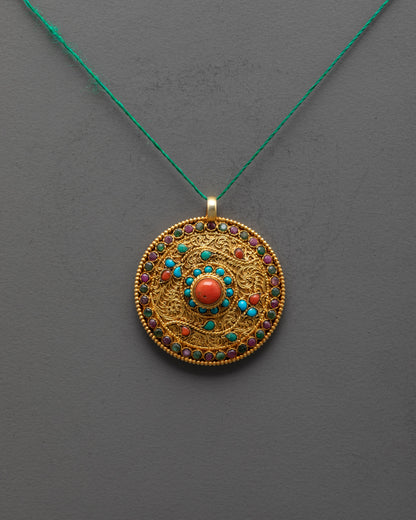 Front view of handmade gold-plated Flower Locket with coral and semi-precious stones
