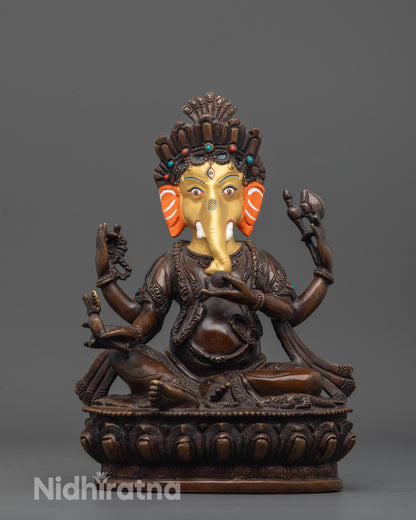 Front view of oxidized Lord Ganesha statue with gold-plated face and lotus throne details