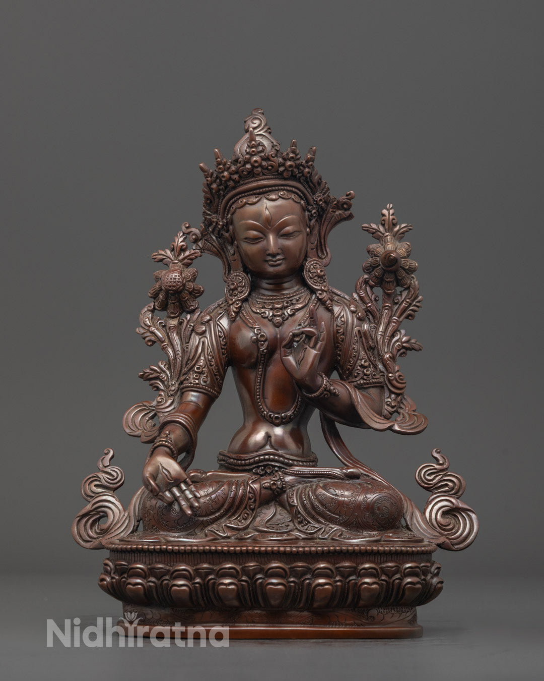 Front view of oxidized White Tara Statue Mother Drolma Long Life Deity handcrafted in Nepal
