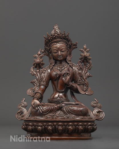 Front view of oxidized White Tara Statue Mother Drolma Long Life Deity handcrafted in Nepal