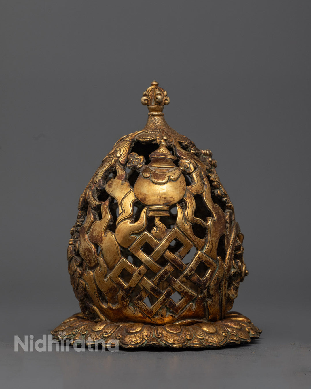 Front view of premium hanging incense burner with gold gilded copper base
