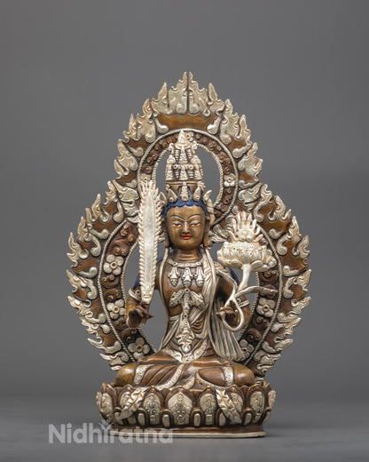 Front view of silver-plated Broken Vows Purifier Akasagarbha Bodhisattva statue with sword