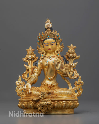 Front view of the Green Tara Statue seated on a lotus base in a meditative posture