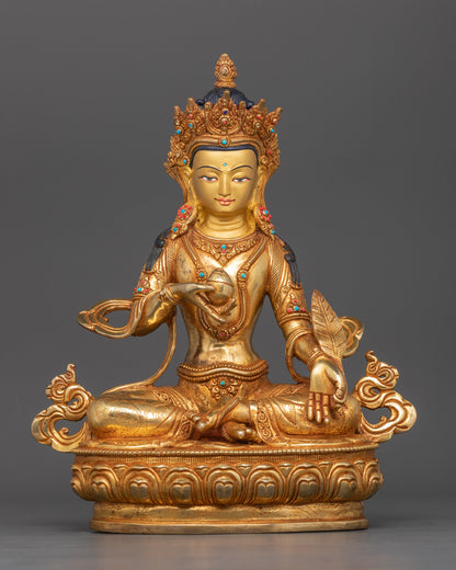 Front view of the Ksitigarbha statue 24K gold gilded copper Bodhisattva lotus throne
