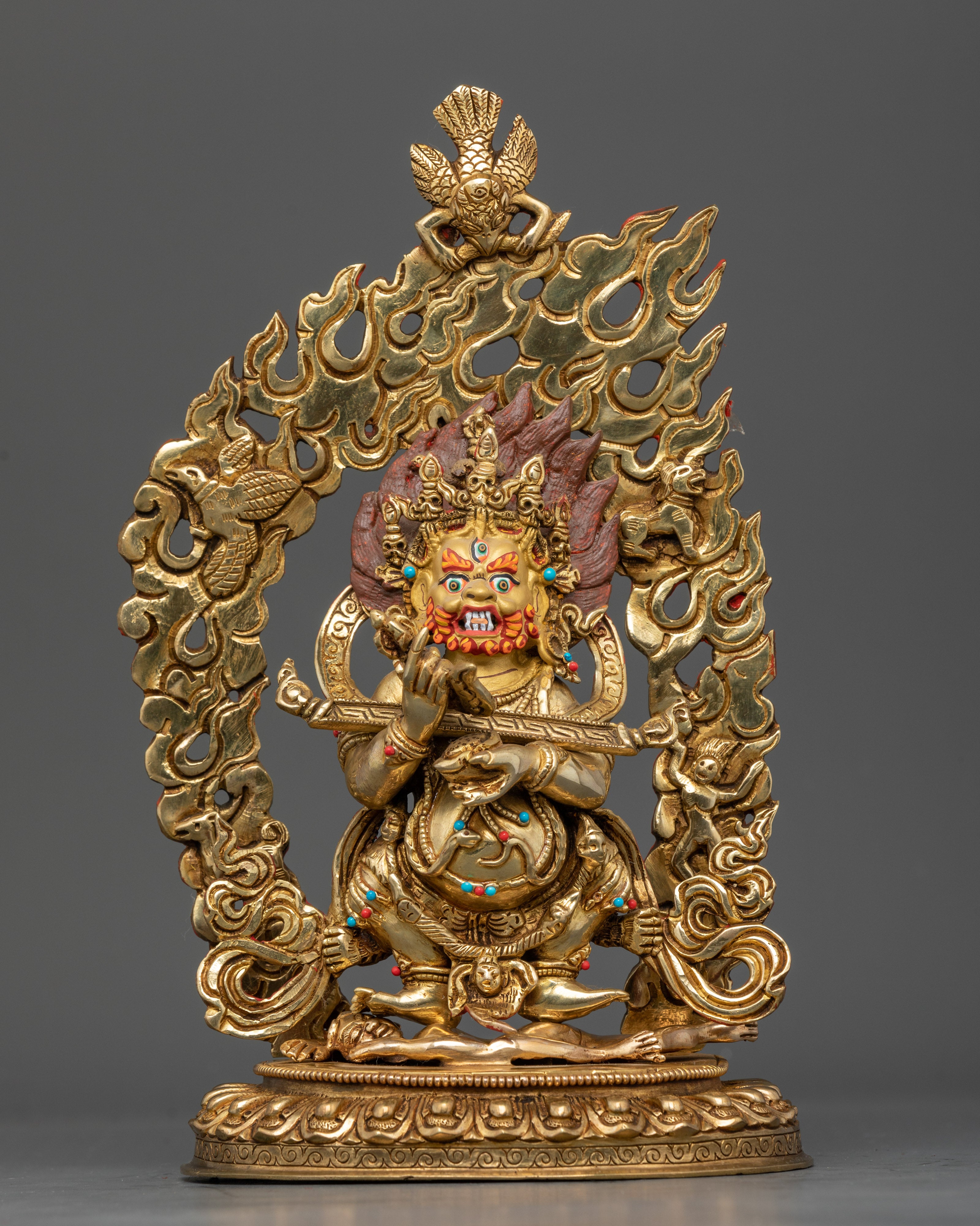 Front view of the Shakya Mahakala statue gold-gilded copper Nepalese wrathful deity