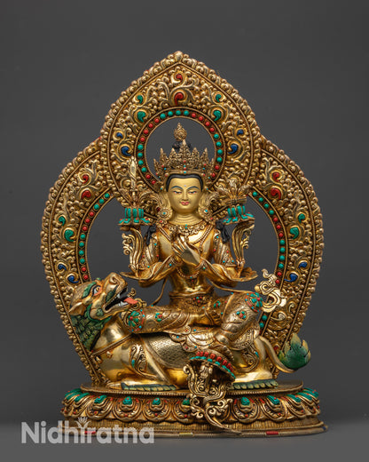 Front view of the full Manjushri statue with lotus and snow lion base
