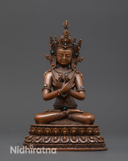 Front view oxidized Vajradhara statue with vajra, bell, and lotus seat