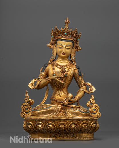Front view premium Vajrasattva Statue with gold-gilded face on lotus seat
