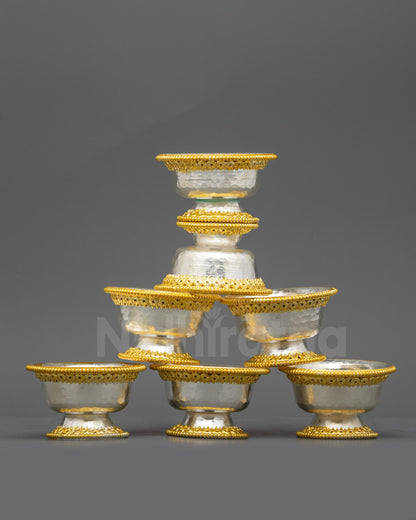 Front view set of seven Gold & Silver-Plated Water Offering Bowls