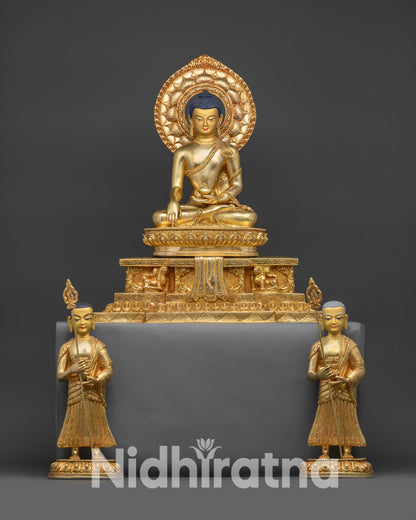 Front view whole set Shakyamuni Buddha with disciples Shariputra and Maudgalyayana front view
