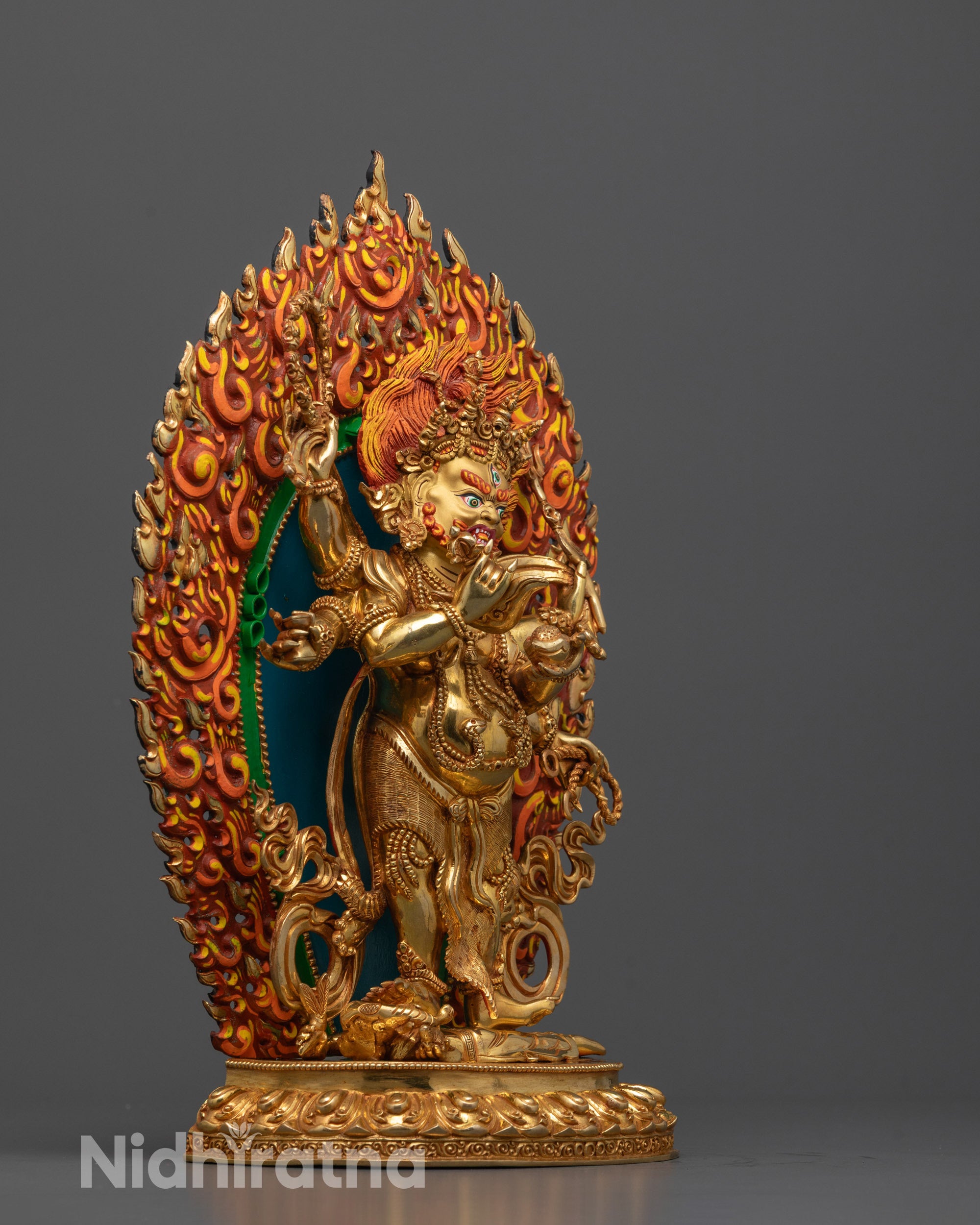 Full-Body Mahakala Statue Showing Six Arms Holding Ritual Objects