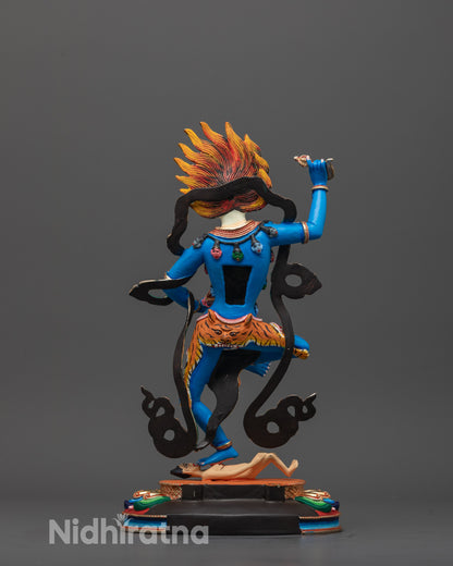 Full-body image of the handcrafted Blue Simha Mukha Statue placed