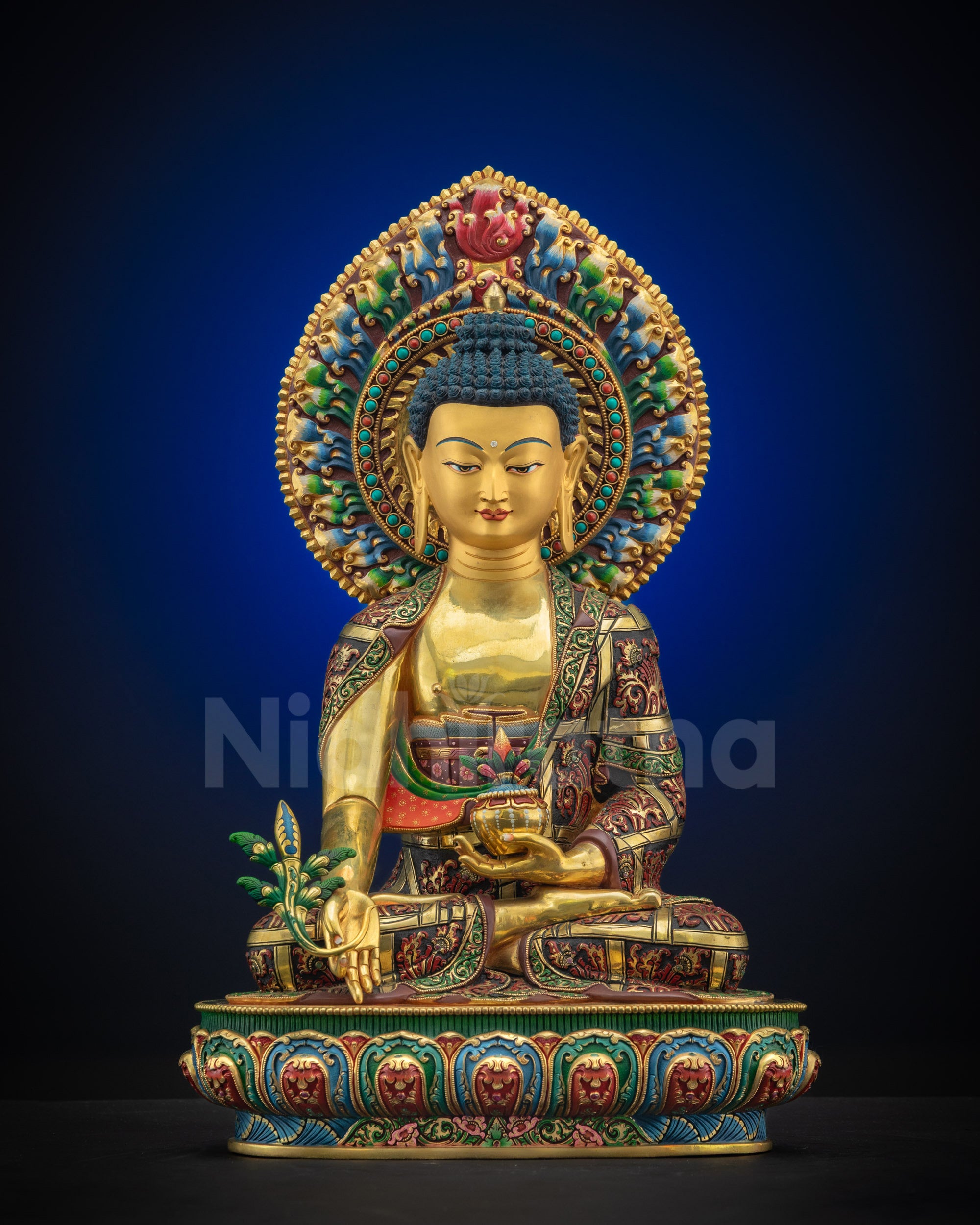 Full front view of Medicine Buddha Statue Handcrafted Copper Gold-Gilded Nepal