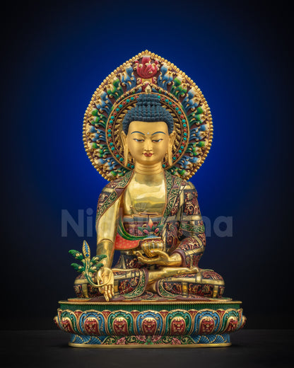 Full front view of Medicine Buddha Statue Handcrafted Copper Gold-Gilded Nepal