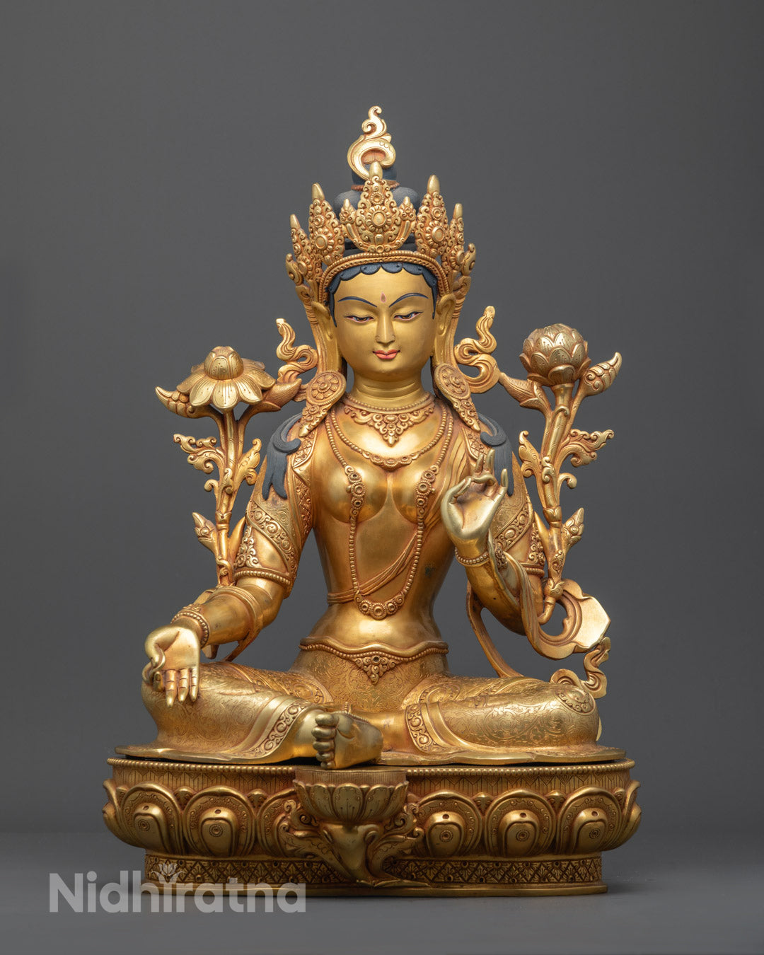 Full Image of Sacred Green Tara statue with a hollow chamber for mantra placement