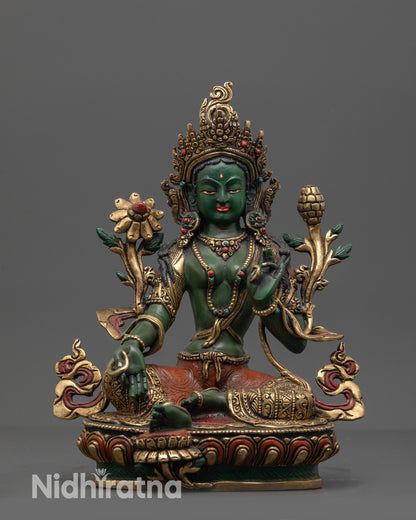 Hand-painted Tibetan Green Tara Dolma Statue in dark green hue, traditional Nepalese craftsmanship
