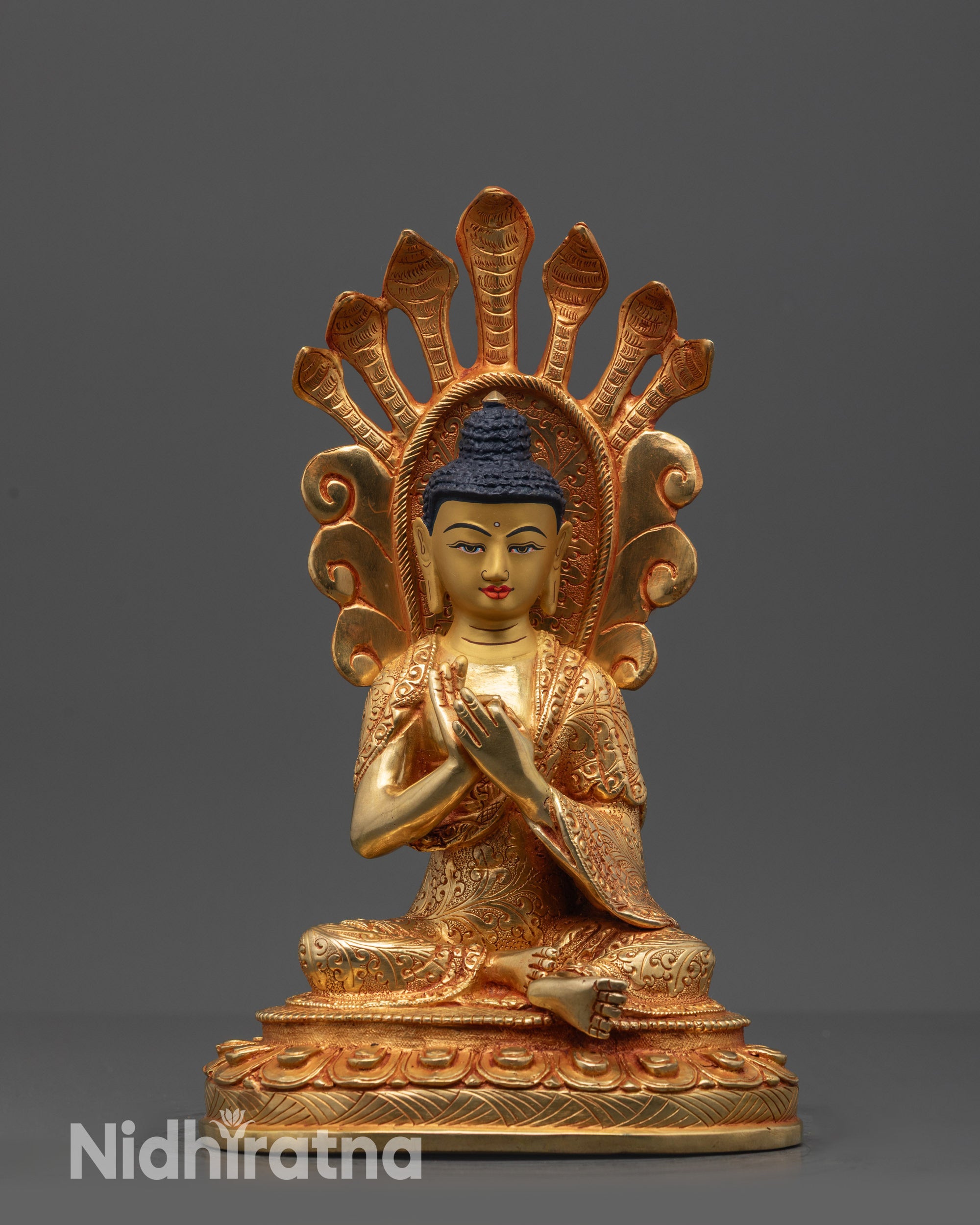 Front view Handcrafted Copper Nagarjuna Mahasiddha Buddha Statue from Nepal