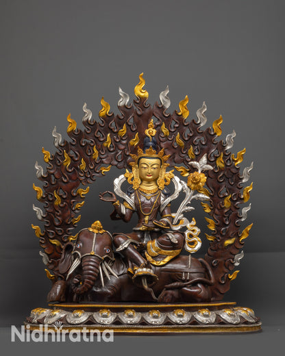 Handcrafted Samantabhadra Bodhisattva statue seated on elephant, oxidized copper with silver plating and gold-gilded face