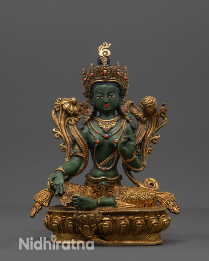 Hand-painted Tibetan Green Tara (Jetsun Dolma) Buddhist Goddess Statue symbolizing compassion and protection