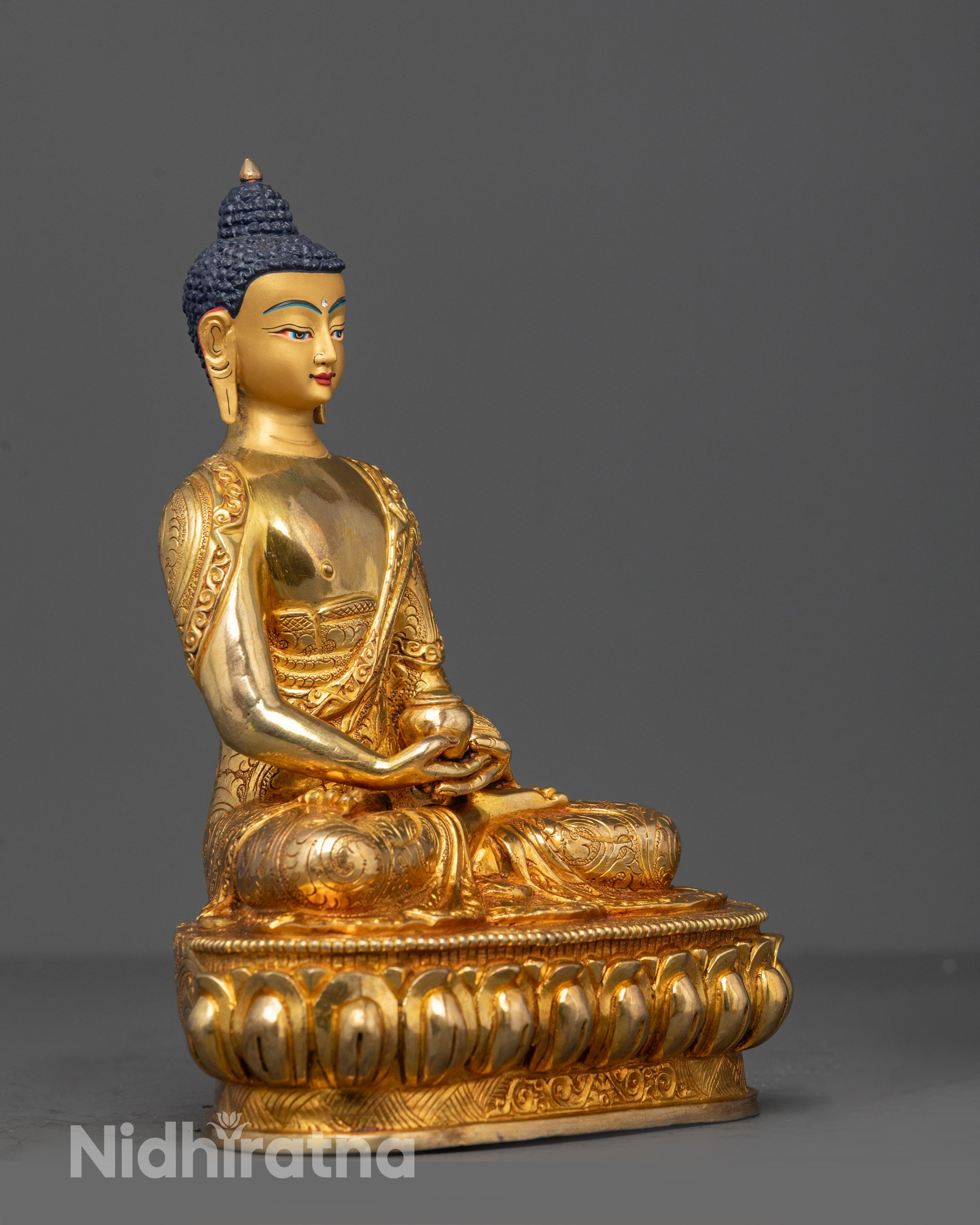 Full Side view of Amitabha Buddha Statue highlighting the lotus base, monk’s bowl