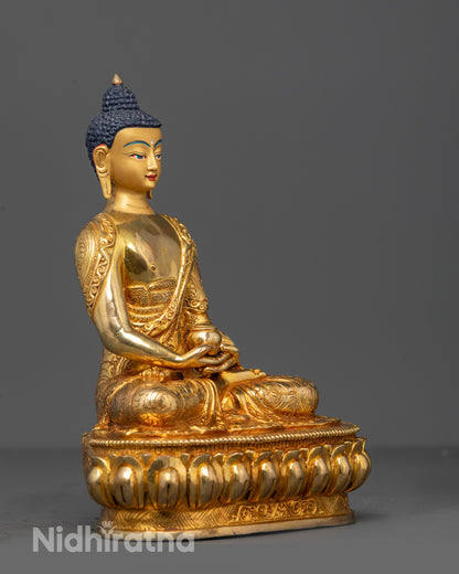 Full Side view of Amitabha Buddha Statue highlighting the lotus base, monk’s bowl