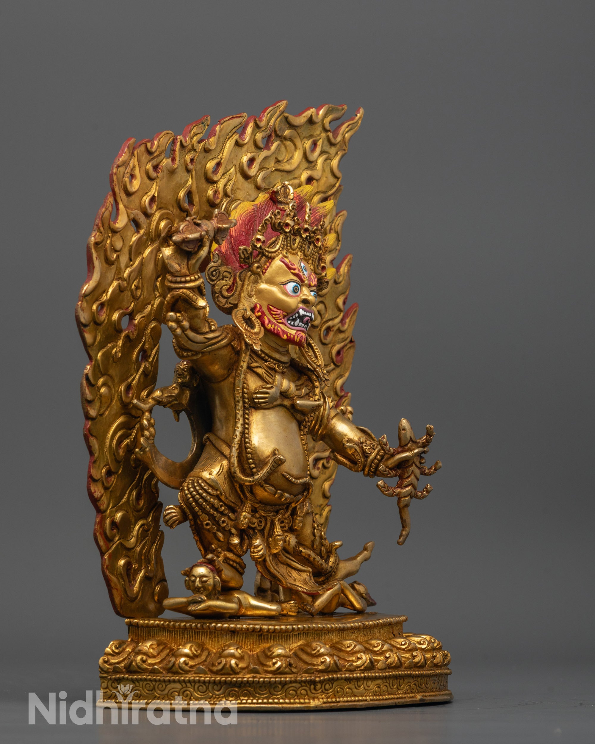 Full Side view of wrathful Guru Dragpo Statue with intricate gold accents