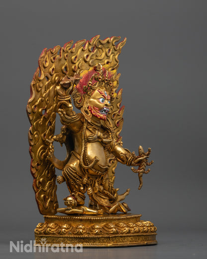 Full Side view of wrathful Guru Dragpo Statue with intricate gold accents