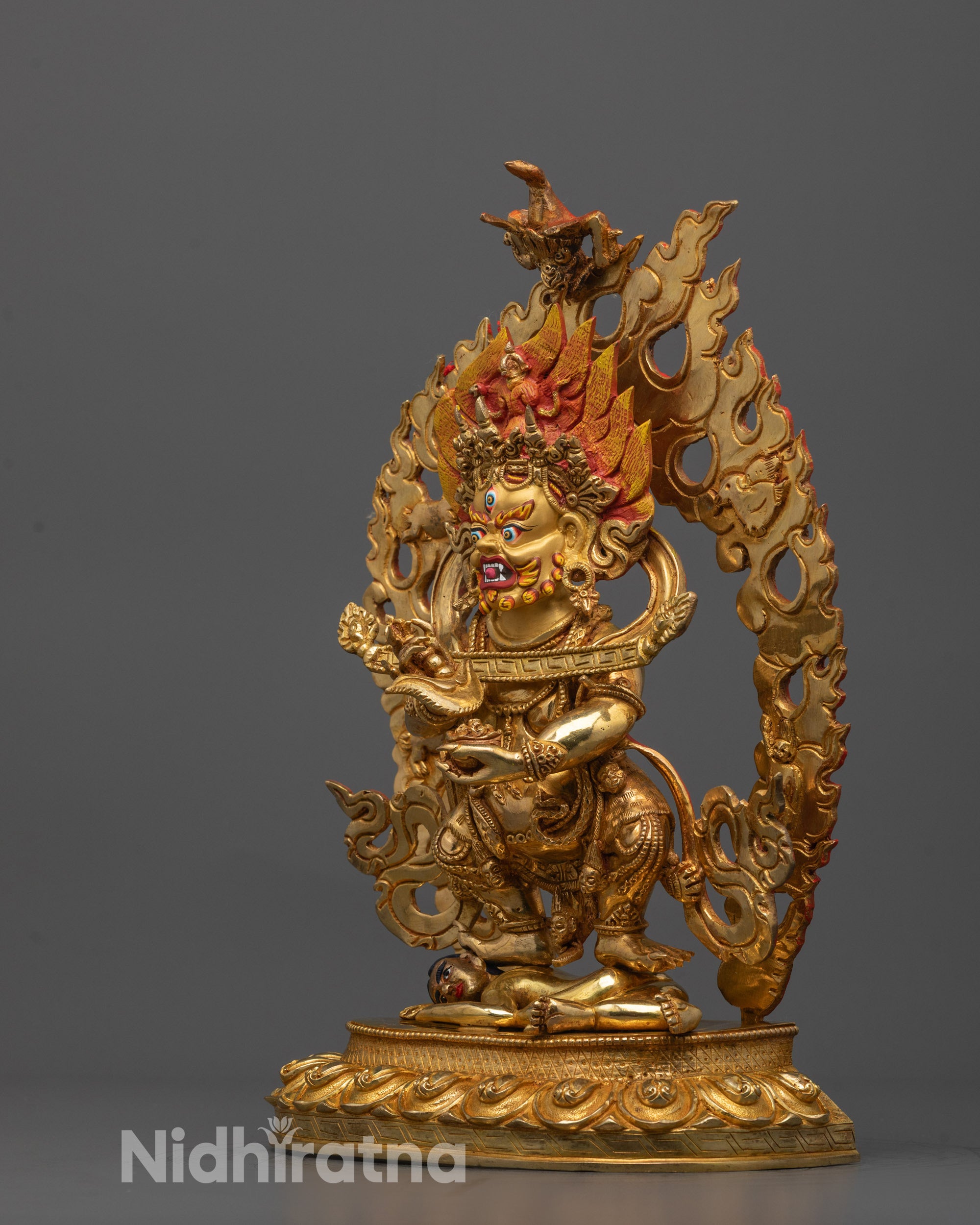 Full Statue with Lotus Base and Subdued Figure | Complete view of Shakya Mahakala
