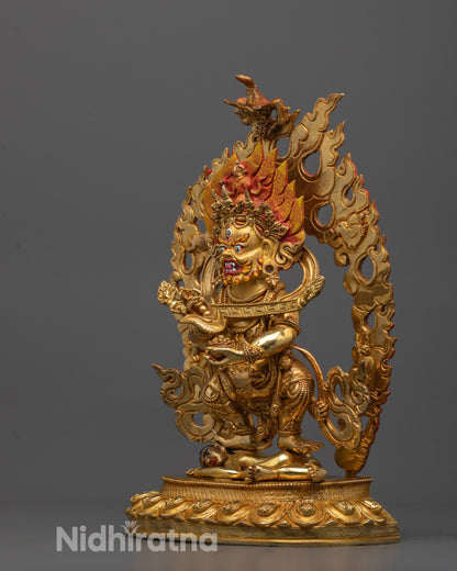 Full Statue with Lotus Base and Subdued Figure | Complete view of Shakya Mahakala
