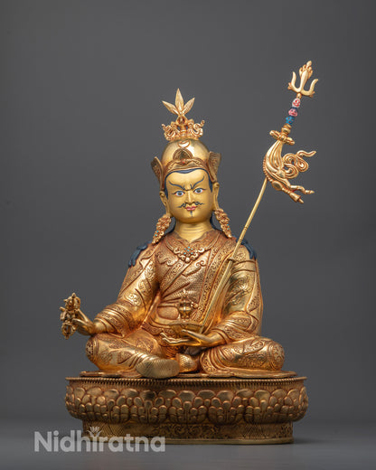Full View of Guru Rinpoche Sitting on Lotus Throne with Semi-Wrathful Expression