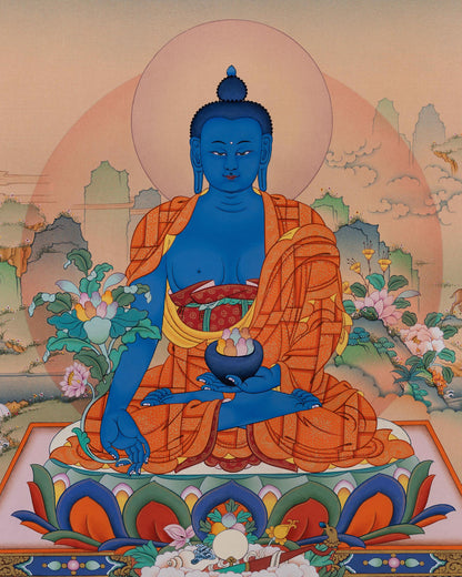 Full View of Medicine Buddha Thangka for Healing and Meditation