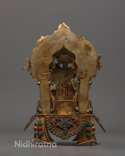 Nepalese Manjushri Bodhisattva Statue on Lotus Pedestal with Acrylic Color Highlights